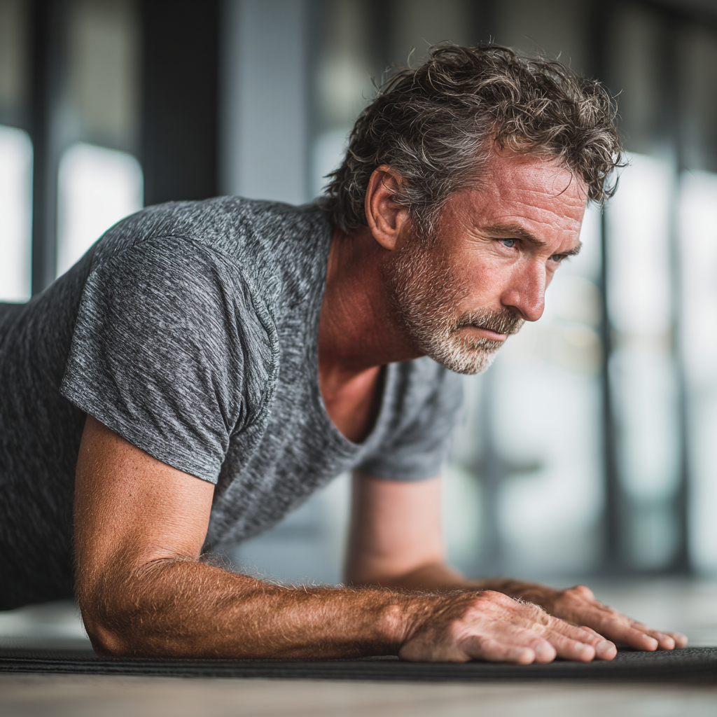 Athletic man in his early 50s doing planks exercise on a yoga mat in a bright fitness studio, demonstrating proper form and stability